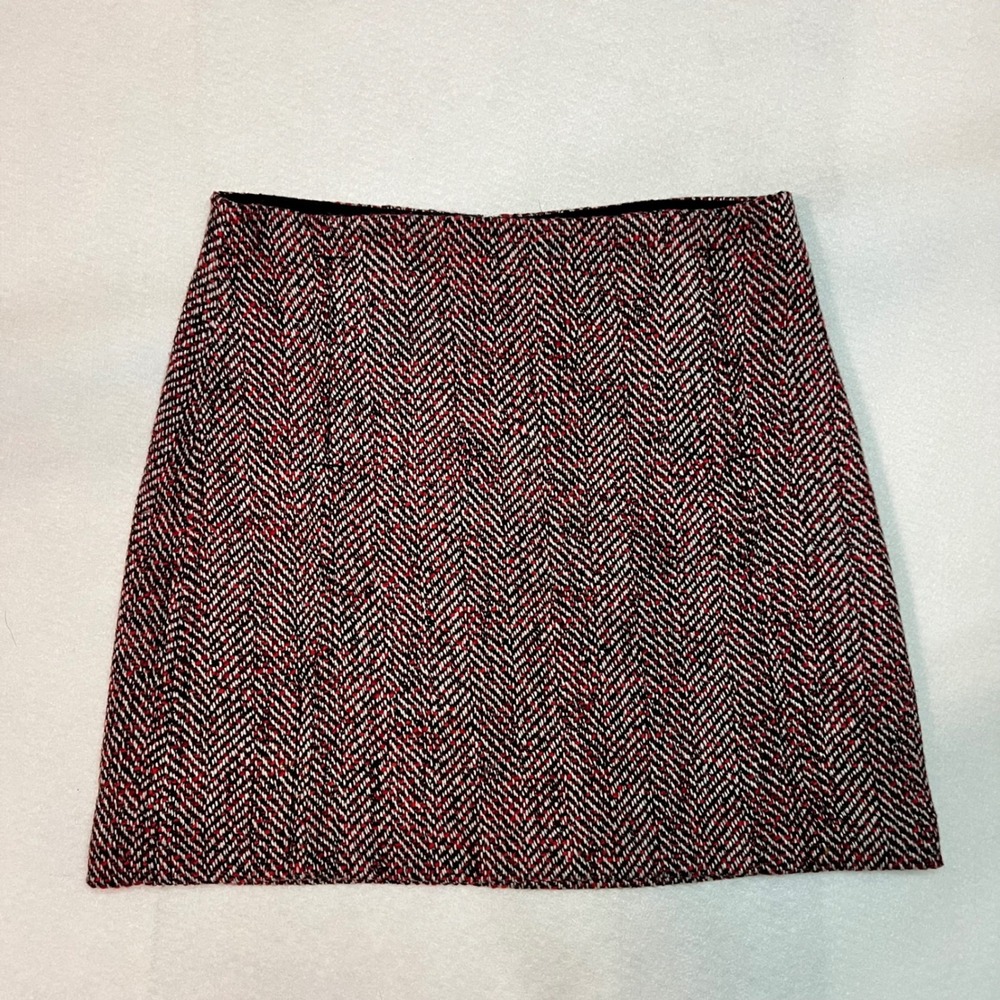 Loft Red Black Herringbone Wool Blend Tweed City Girl Chic Mini Skirt Sz 8